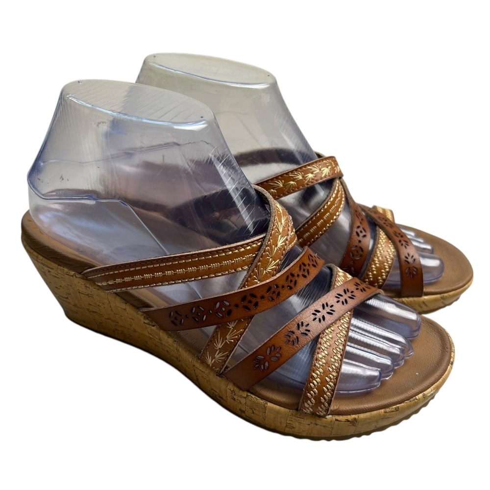 Skechers Beverlee Tiger Leather Strappy Size 6 Brown Cork Wedge Sandals - Picture 2 of 15